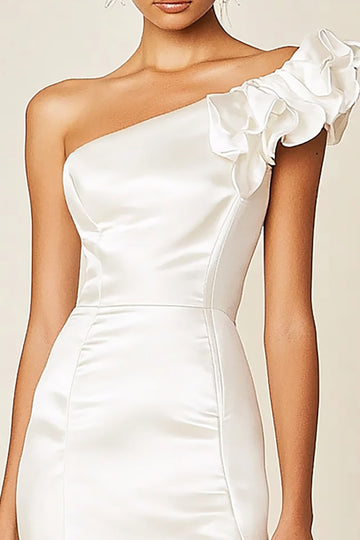 One Shoulder White Satin Bodycon Graduation Dress